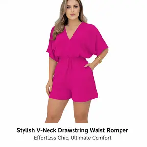 Women's Plain Drawstring Shirred Waist V Neck Romper, Casual Half Sleeve Zipper Back High Waist Romper for Summer, Fashion Lady Clothing for Daily Wear Sports and Outdoors