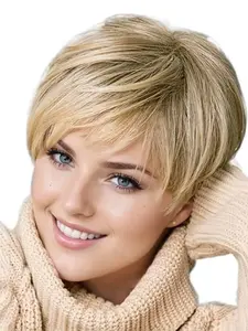 Women's Wig, 8 Inch Gradient Golden, Natural Puffy Layered Short Straight Hair, Suitable for Daily Wear and Party, Machine Made Wig