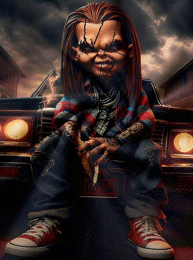 Men's Two-Piece Full Print Hoodie and Sweatpants Set - Horror Movie Doll Character Streetwear, Casual Black and Red Pullover Hoodie with Sweatpants, Fashionable Graphic Two-Piece Set, Perfect for Halloween, Parties, and Daily Wear