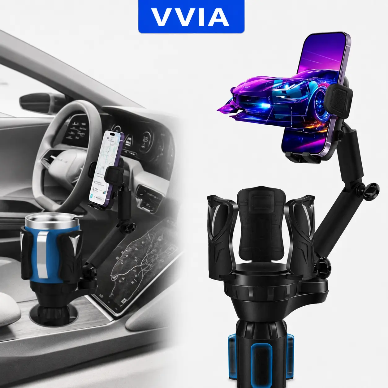 Car Cup Holder Phone Holder with Expandable Base 2 in 1 Cup Phone Holder Adapter for Car 360 Degree Rotating Neck Fits All  Smartphones and Most Bottles