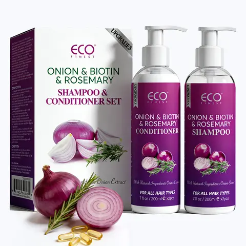 ECO Finest Onion, Biotin & Rosemary Dry Hair Care Anti-Hairfall Shampoo & Conditioner Kit (2 Pack, 7 fl oz Each) - Male Triple Action Daily Cleanser, Moisturizer for Growth, Volume Boost, Shiny Hair