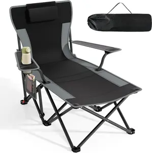 Slendor Foldable Camping Chair with Foot Rest – Adjustable Reclining Outdoor Lounge Chair with Carry Bag (Black)