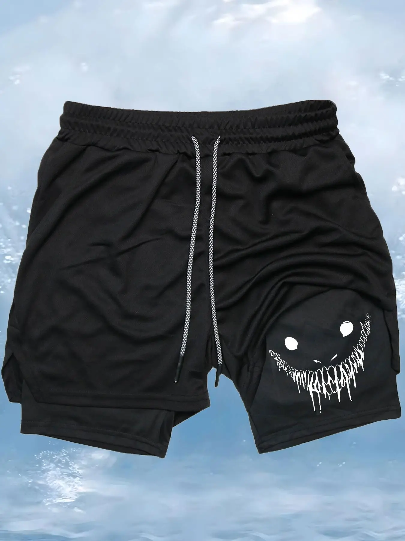 Men's 2 In 1 Cartoon Print Drawstring Waist Sports Shorts, Breathable Comfortable Shorts For Gym Workout Running, Casual Men's Sportswear For Summer