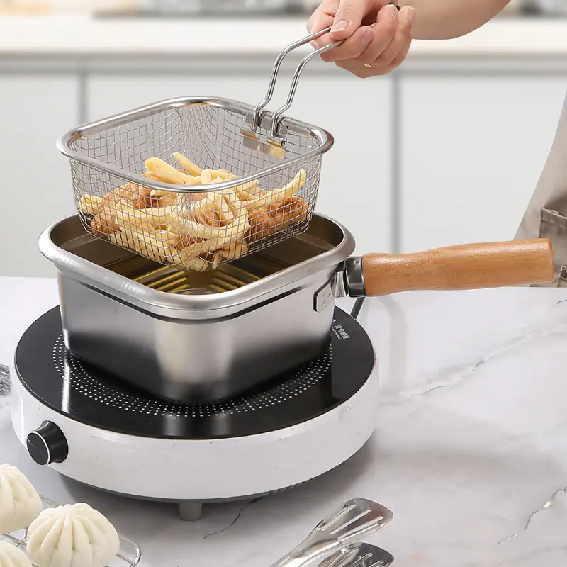 Stainless Steel Square Countertop Deep Fryer Pot with Lid, Large Capacity Oil Draining Kitchen Cookware, Portable Noodle Boiling Pot