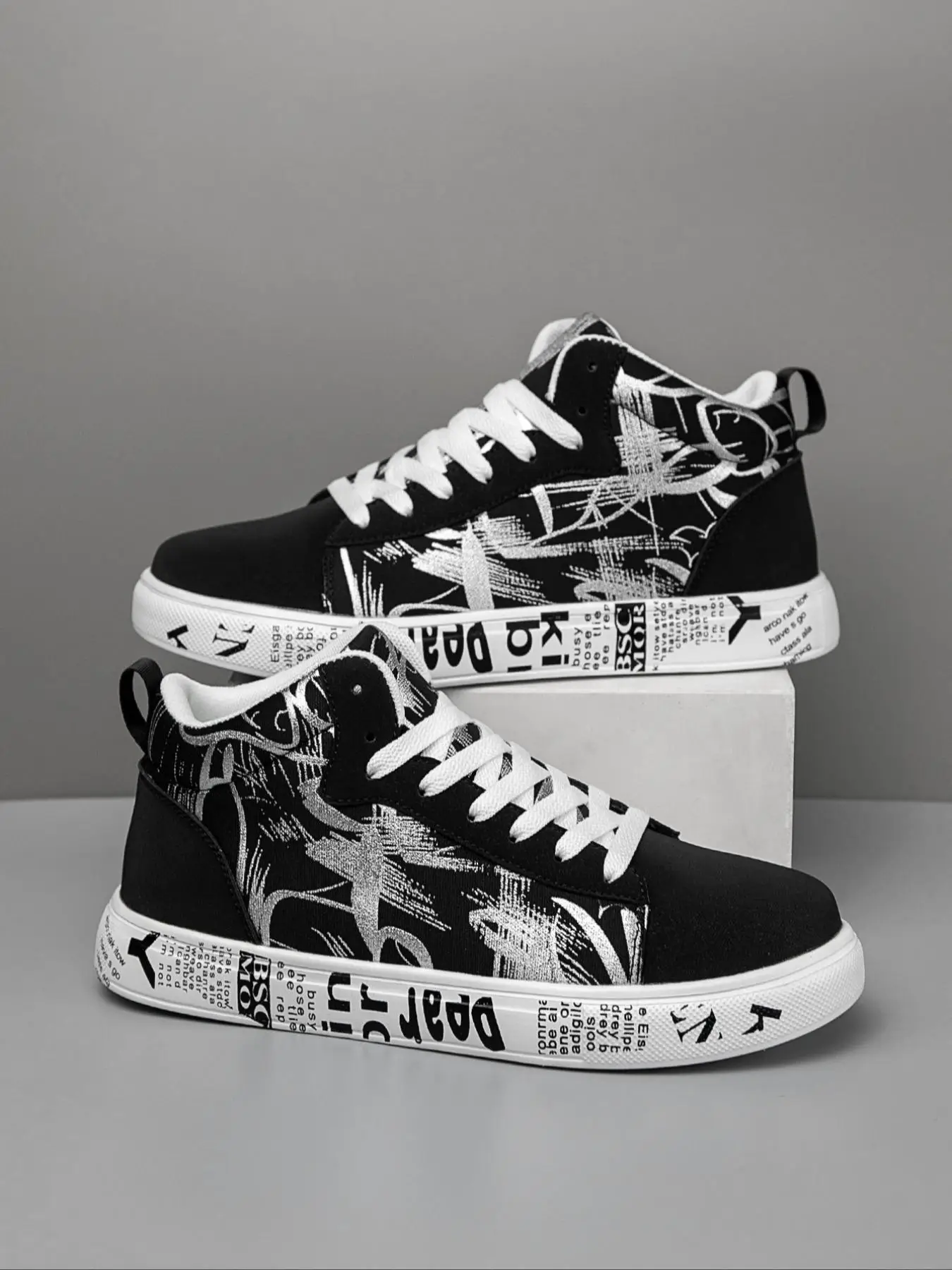 Men's Fashion Letter Geometric Print High Top Sneakers, Casual Comfortable Colorblock Sports Shoes for Outdoor Activities, Male All-match Round Toe Sh