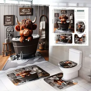 4pcs Cozy Highland Cow Bathroom Set Featuring Fluffy Cattle in Bubble Bath Shower Curtain with Matching Toilet Cover and Bath Mats, Rustic Farmhouse Decor Perfect for Festive Holiday Relaxation