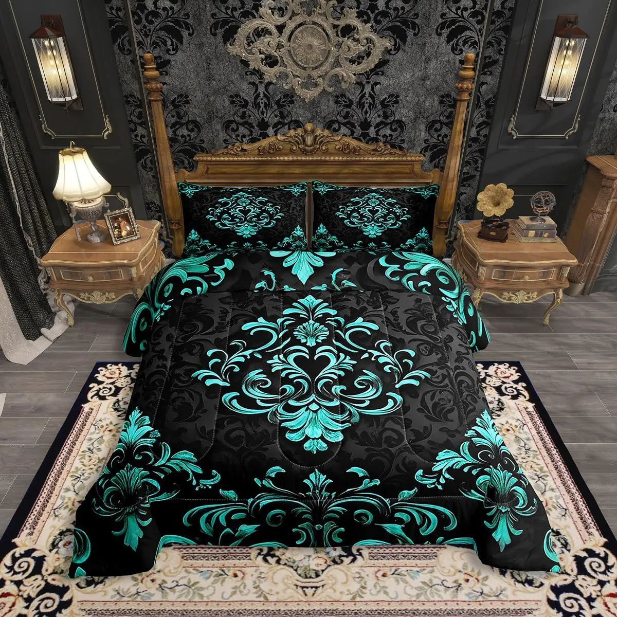 Black Teal Gothic Comforter Set,Vintage Boho Damask Floral Comforter,Bohemian Exotic Goth Bedding Set Adults Victorian Baroque Flower Bed Set