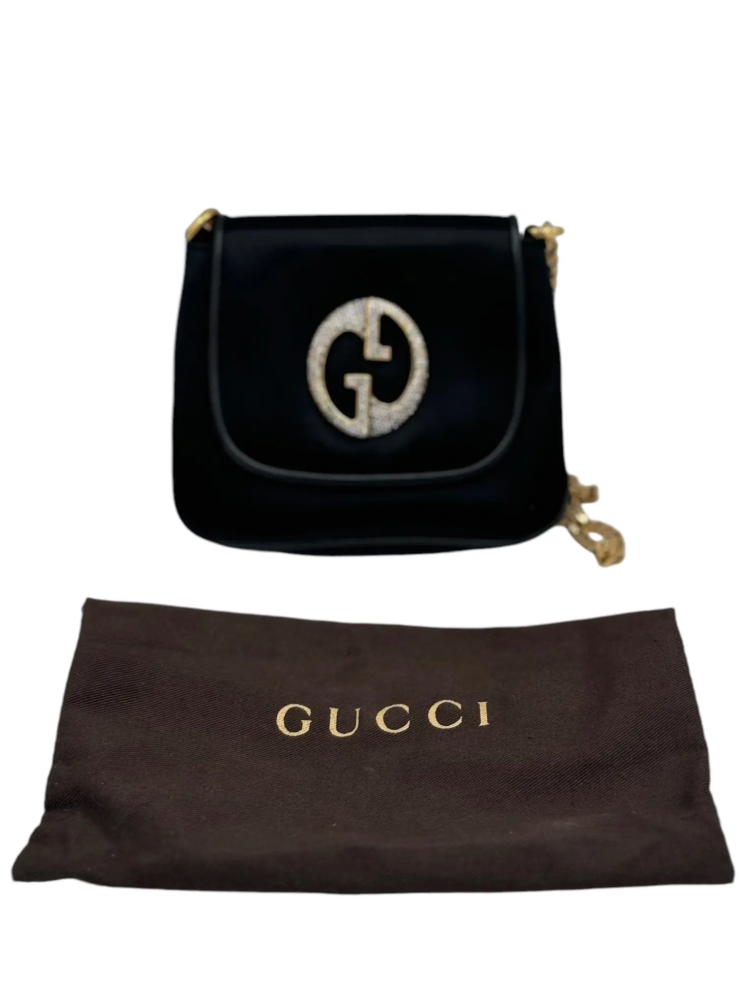 Pre-owned GUCCI Satin Crossbody Bags Black Crystal 1973 Small Chain Crossbody Bag