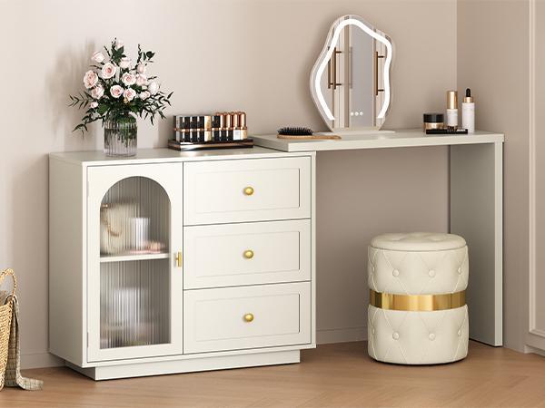 【Summervibes】RoyalCraft L 2-in-1 Makeup Vanity Desk & Office Desk, Multifunctional and Space-Saving Extendable Corner Table with Drawers, No Mirror, Dressing Table for Bedroom, Vanity Desk for Working, Studying, Drawing, Sewing, Nail Care (White, Beige)