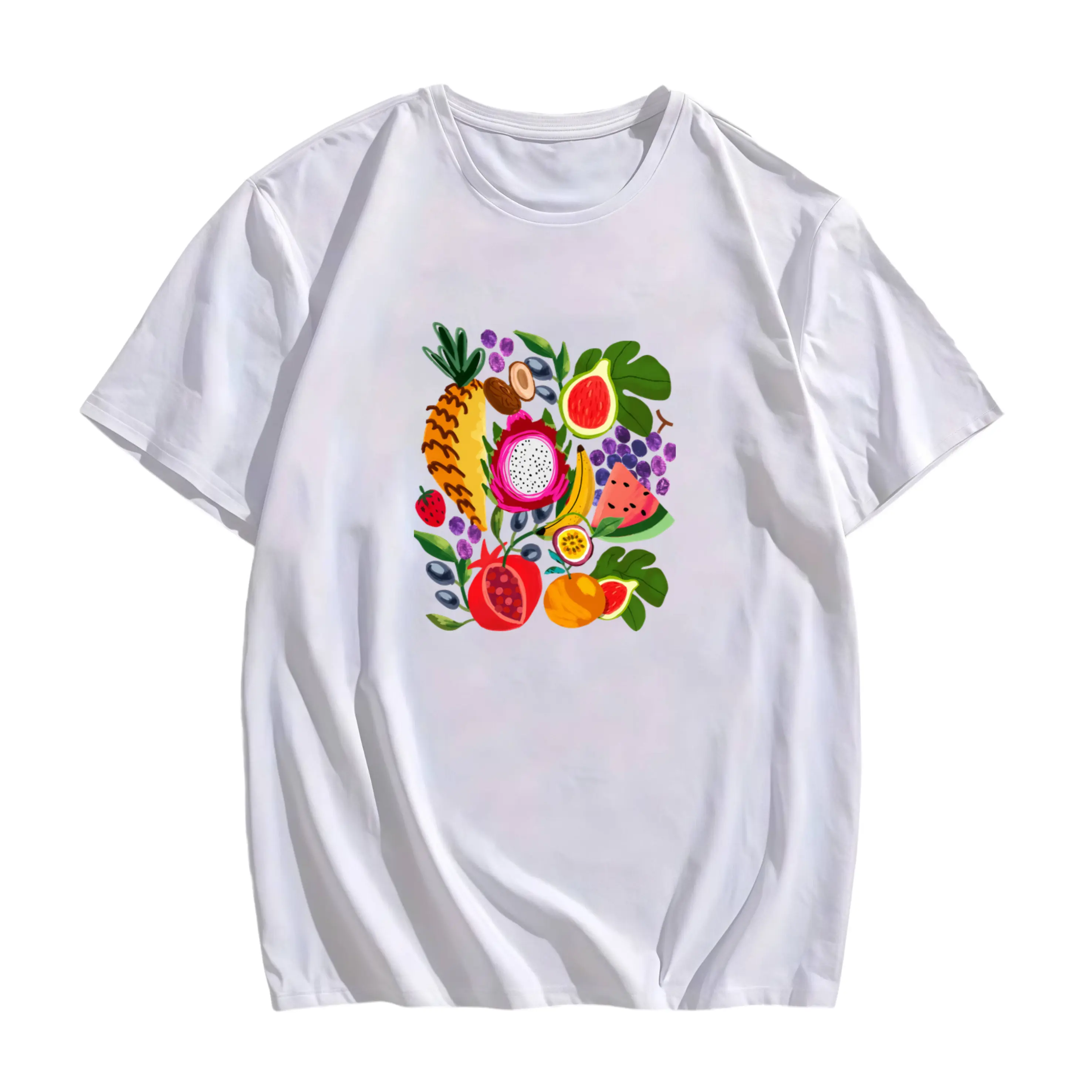 Women'S Vintage Tropical Fruit Print T-Shirt -  Pineapple, Dragonfruit, Passionfruit, Raspberry & Leaf Design - Casual Everyday & Tropical Party Outfit - Breathable All-Season Comfort Fit Graphic Tee