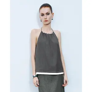 URBAN REVIVO 2026 Spring Women's Comfortable Fitted Linen-Polyester Blend Halter Camisole Top, Sleeveless Minimalist Basic Casual Clothes with Contrast Trim, UWG240184, Women's Camisole Tops