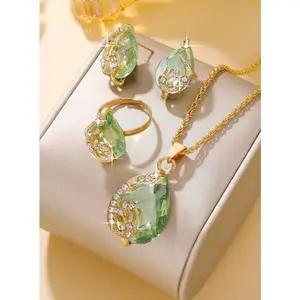 Chic 4pcs Ladies’ Water Green Teardrop Necklace & Earrings Set