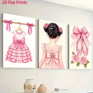2D flat decorative painting, 3-piece set of pink ballet skirt and shoes framed wall art--wooden framed canvas, vertical ballet dancer decoration, suitable for girls' bedrooms, children's rooms, ready-to-hang ink art without framing (ideal Christmas/Hallow