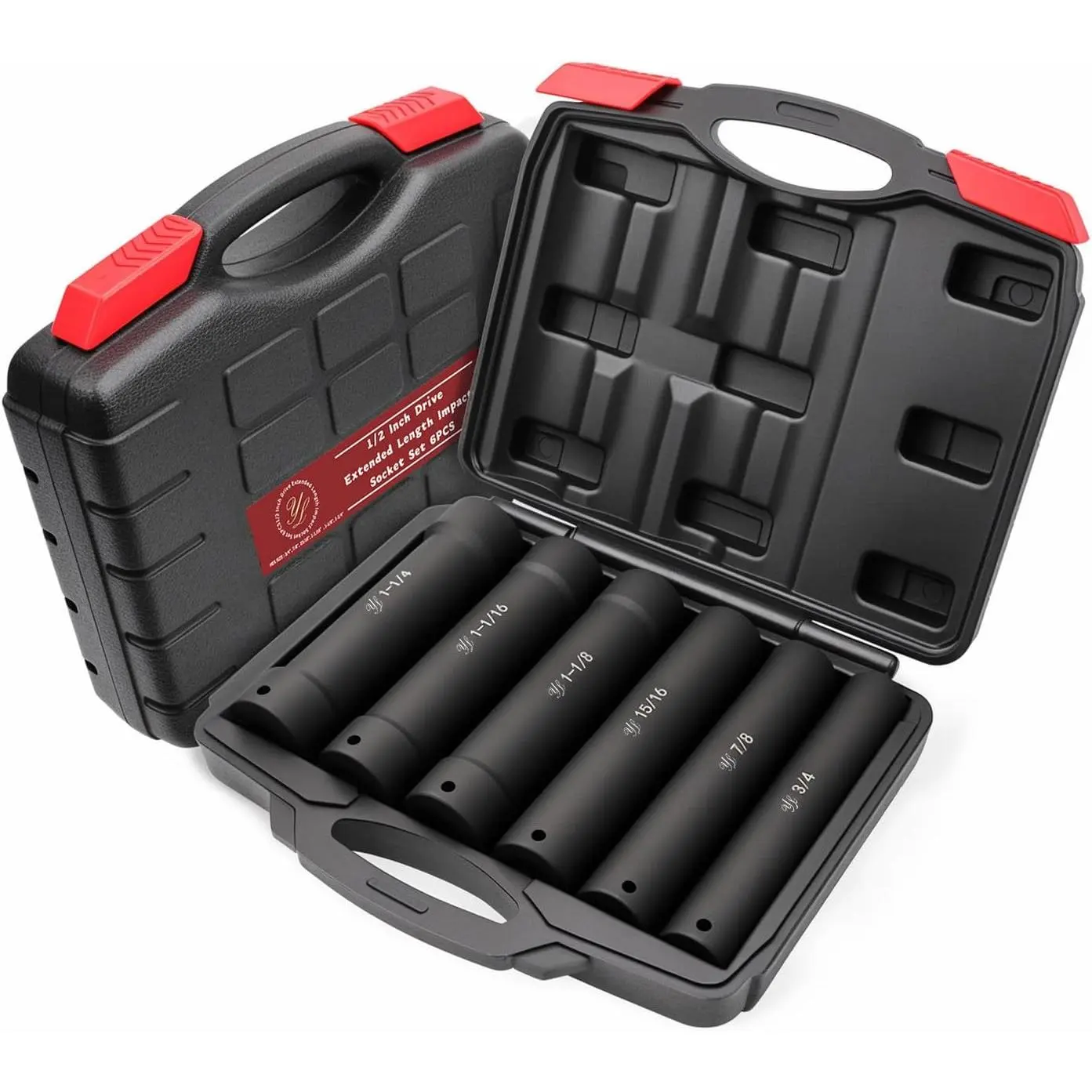 1/2 Inch Drive Extra Deep Long Socket Set, 6 count Extended Length Impact Socket Set Contains Sizes 3/4", 7/8", 15/16", 1-1/16", 1-1/8", 1-1/4", Specifically Designed for High Torque Applications