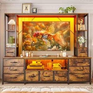 Raybee 78.6" TV Stand for 80" TV, Large Capacity Entertainment Center with 11 Fabric Drawers, LED Lights & Power Outlets, Modern Storage Dresser with Shelves for Living Room, Bedroom, Wall Unit