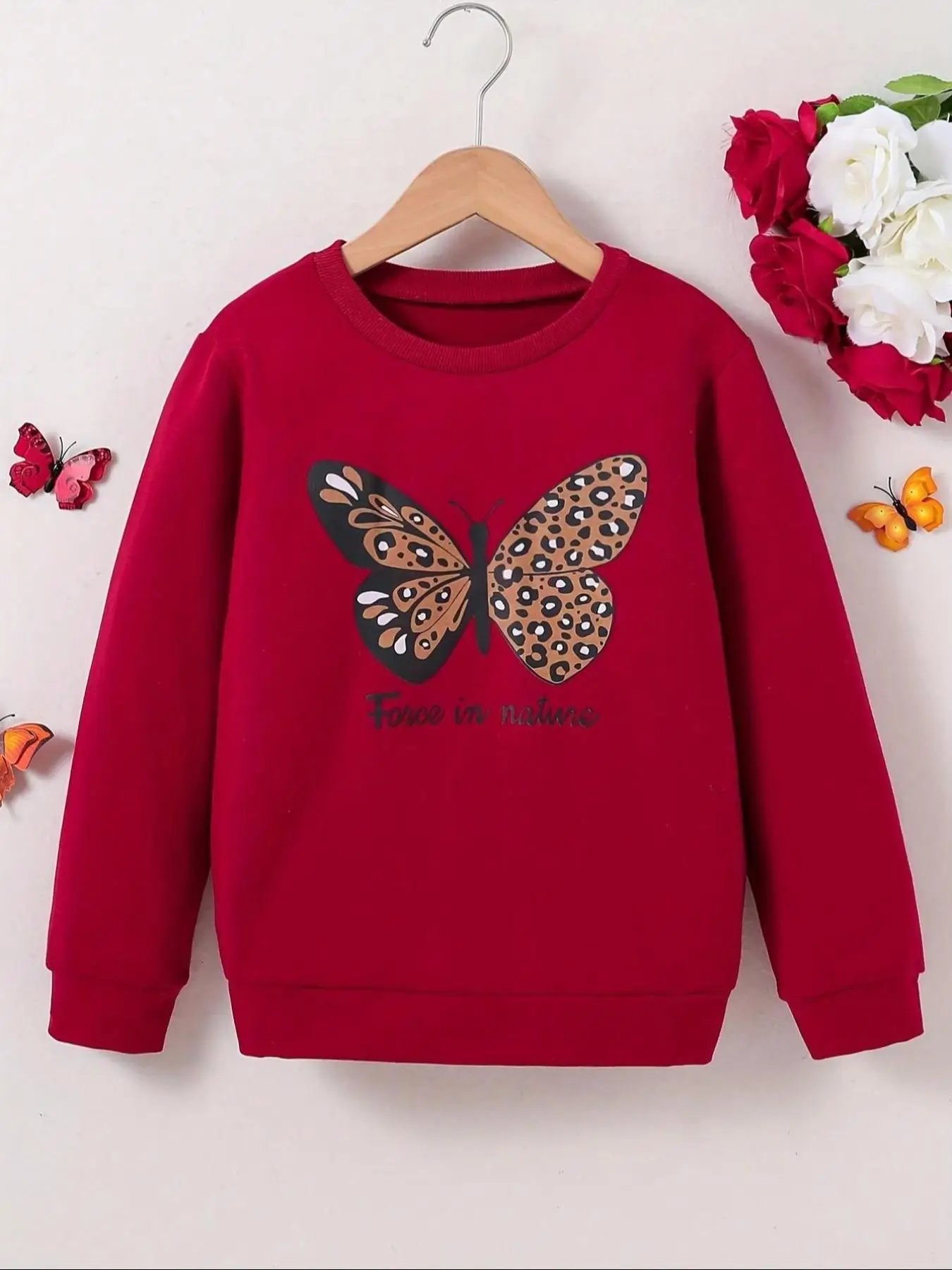Girl's Butterfly Print Crew Neck Sweatshirt, Casual Long Sleeve Pullover for Spring & Fall, Kids Clothes for Daily Wear