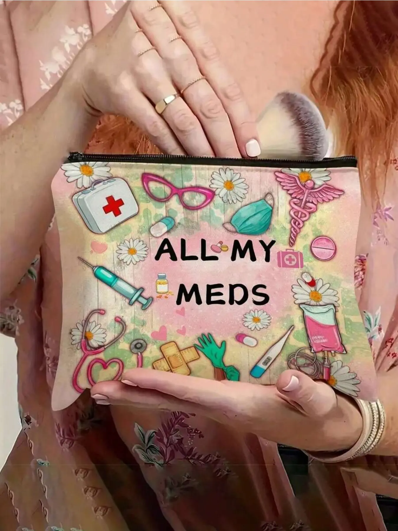 Canvas medicine storage bag with pink pill box, colorful design. Portable for storing meds, cosmetics and travel essentials. Cute stylish canvas organizer, perfect for personal use and gifting to family and friends, also a great Halloween gift.