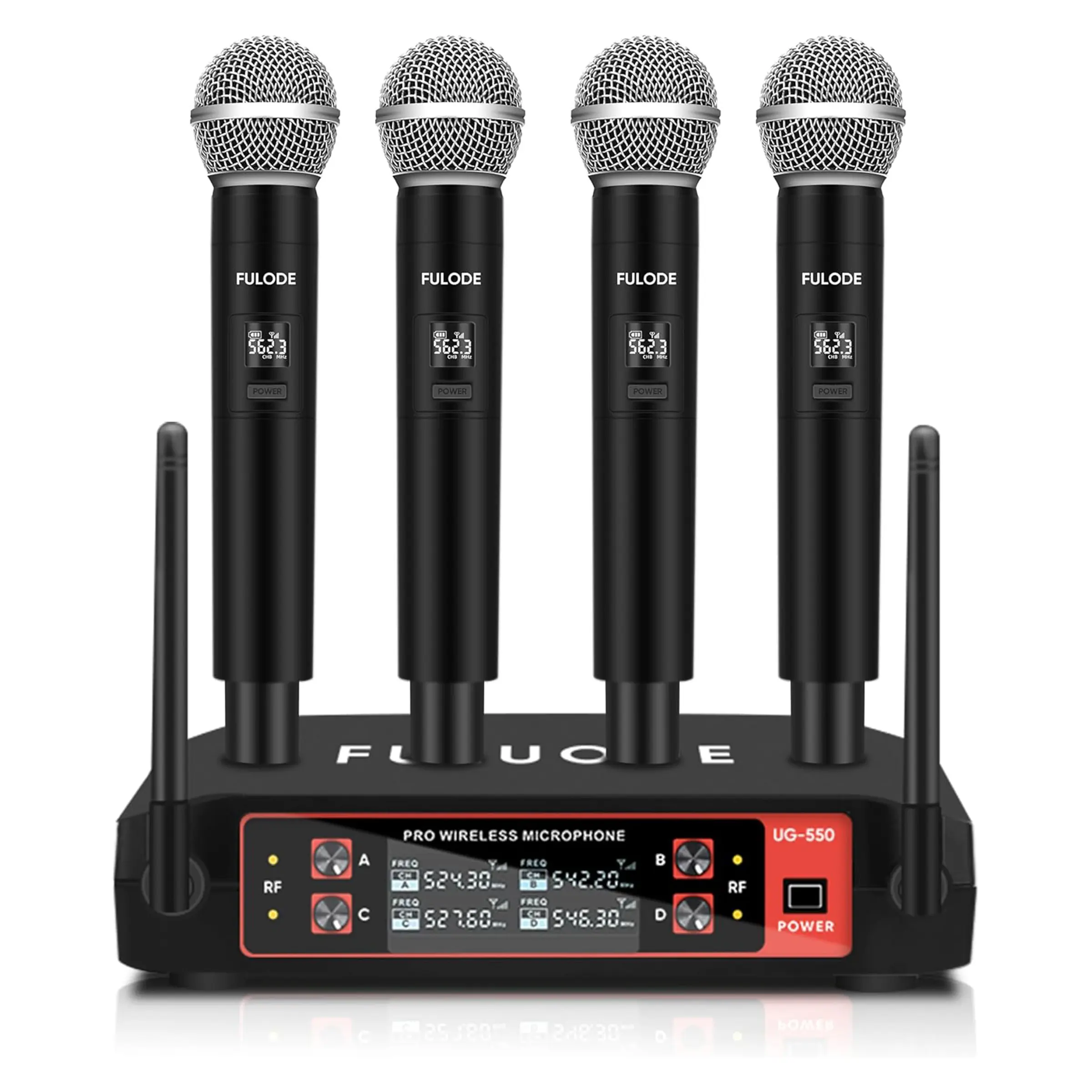 UG-550 4-Channel Wireless Mixer Professional Wireless Audio Microphone System - 4 Handheld Mics, Plug-In Receiver, Karaoke Machine for Home KTV Parties, Meetings, Multi-Device Compatible