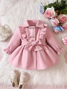 Girls' clothing, girls' outerwear, sweet princess style, girls' winter pink outerwear with ruffled edges+large bow waistband+shiny buttons, comfortable and warm, perfect for school wear and travel as a birthday gift for baby girls