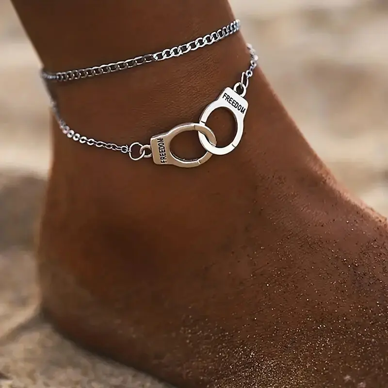 MaxBling81 Women's Boho Double-Layer Chain Anklet, Trendy Silver-Plated Zinc Alloy Jewelry with Handcuff Charm, Adjustable for Casual Daily Wear, Trendy Jewelry, Extensible Size, Versatile Accessory, Metal Coating, Unisex, Chain Jewelry Anklets
