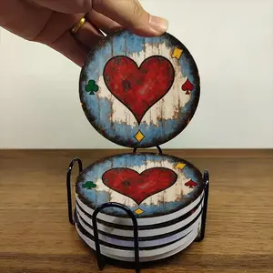 6-piece ceramic coaster set, featuring a retro playing card theme with round wooden decks. These heat-resistant, non-slip coasters come with a stand and are perfect for home, dining, or as beverage mats.
