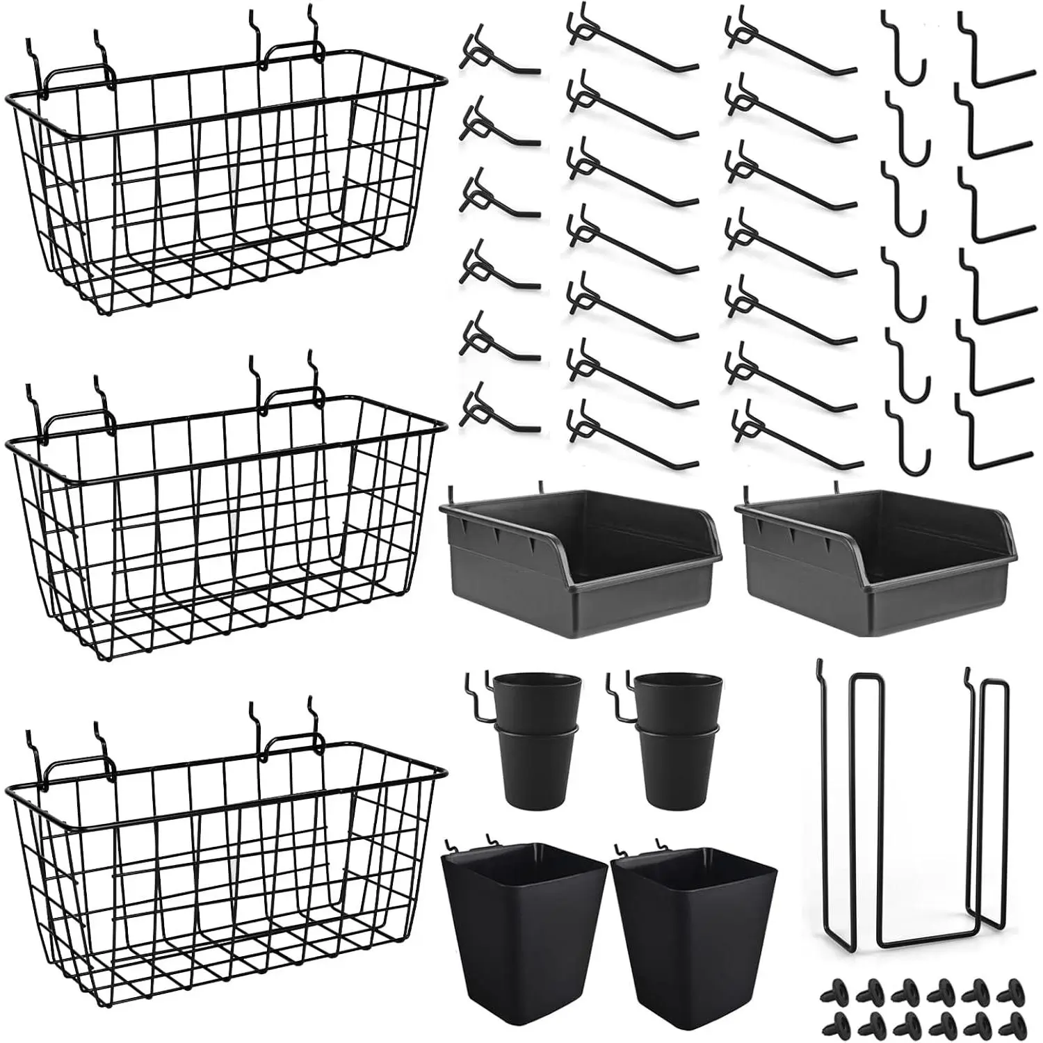 Pegboard Basket Organizers, Peg Board Large Baskets Hooks Bins Cups Tool Organizer 42 Pack Set, Wall Storage Display Hanging Accessories for Craft Office Stadio Shed Garage Organization (Black)