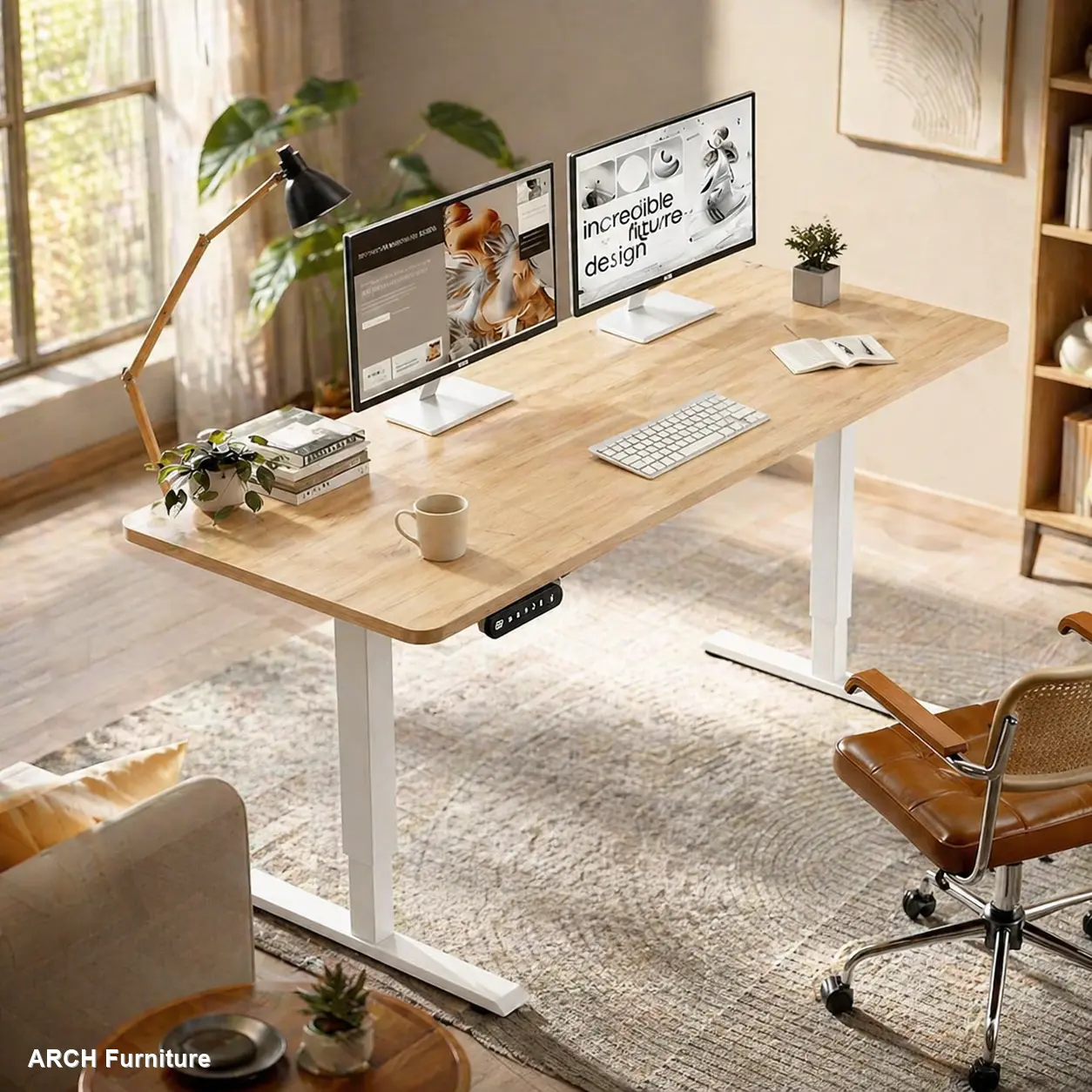 55"x24" Light Oak Metal & Wood Freestanding Electric Height Adjustable Desk - Automatic Adjustment, T-Shaped Legs, Type-C Port, Modern Lift-Up Writing Desk for Home Office, Standing Desk, Automatic Height Adjustment