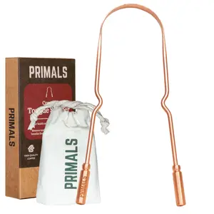 PRIMALS Copper Tongue Scraper - Fresher Breath & Improved Oral Health - Natural Ayurvedic Cleaner for Daily Detox - Rust-Resistant, Eco-Friendly with Travel Cloth Pouch Included (1 Count)