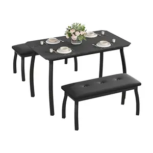 Dining Table Set for 4, 3-Piece Wooden Kitchen Table with 2 Upholstered Benches, Space-Saving Dinette Set for Restaurant, Studio, Dining Room, Home Kitchen
