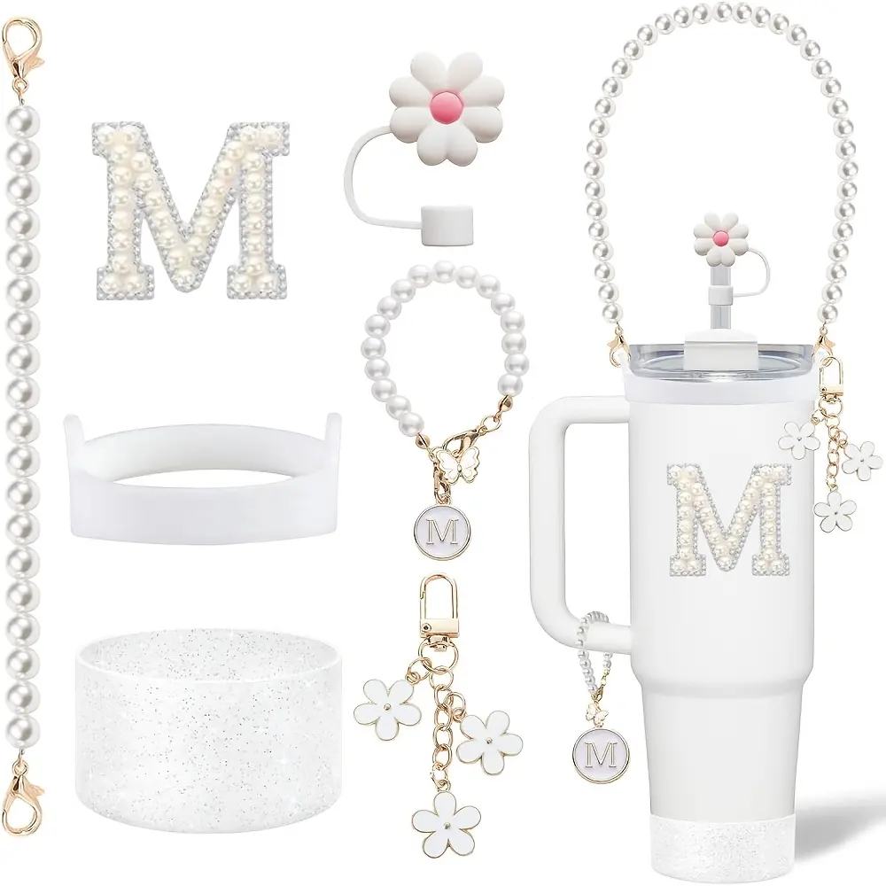 7-Piece Tumbler Accessories Set for 30oz/40oz Insulated Cups, Including Pearl Handle Lanyard, Initial Stickers, 10mm Flower Straw Cap, Straw Toppers for Tumblers, Pearl Letter Decorations (Ideal for Gifting)