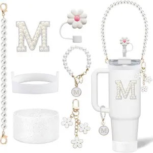 7-piece set suitable for 30oz/40oz insulated cups, includes pearl handle lanyard, initial stickers, 10mm flower straw cap, flower decorations, and pearl letter decorations for gifts