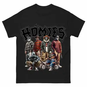 Homies Horror Movie Villains Graphic T-Shirt, Funny Chucky Tee Halloween Streetwear for Men Retro Lowrider Style Halloween