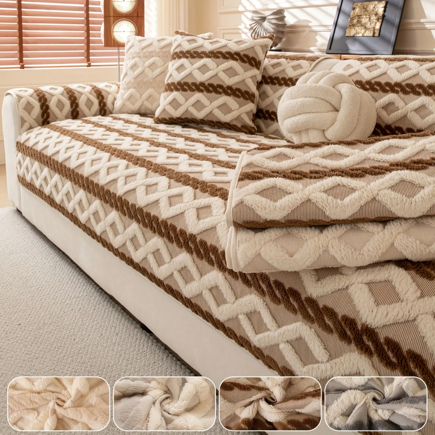1pc Woven Pattern Sofa Cover, Couch Cover, Sofa Slipcover, Ultra Soft Plush Sofa Protector with Non-Slip Design, Multiple Colors Available, Ideal for Living Room Decor