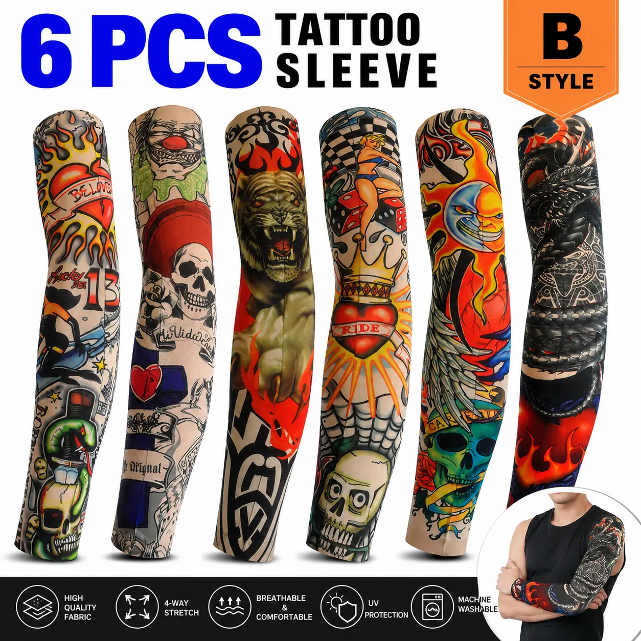 6 Pcs Tattoo Arm Sleeves for Men Women, UV Protection Cooling Fake Tattoo Sleeves, Stretch Breathable Sun Arm Covers for Outdoor Sports Cycling Running Fishing Basketball Golf Driving