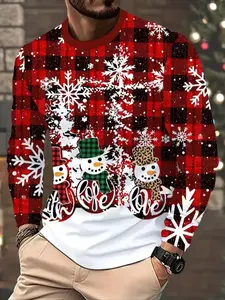 Men's Full Print Christmas Sweater T-Shirt, Plaid Snowman & Snowflake Design, Soft Polyester Knit Long Sleeve Casual Winter Top