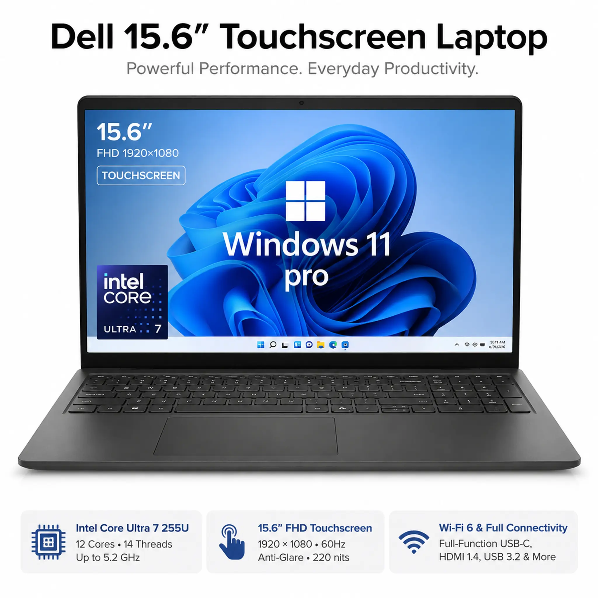 Dell Business High Capacity Wireless Laptop, 15.6" FHD Touchscreen Display, Intel Ultra 7 AI PC, 32GB DDR5, 1TB SSD, Windows 11 Pro, Copilot AI Ready, Wi-Fi 6, Backlit Keyboard, Silver, Fhd Display, High Capacity Laptops