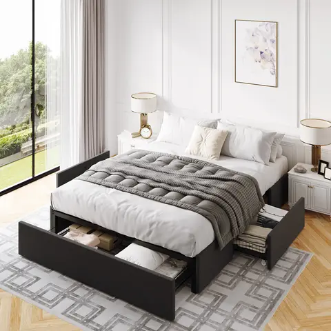 MUTICOR Platform Bed with 3 Storage Drawers, Faux Leather/ Linen Fabric Upholstered【Frame Only No Mattress】Wood Slats Support,No Box Spring Needed, Noises Free,Black/ Dark Grey