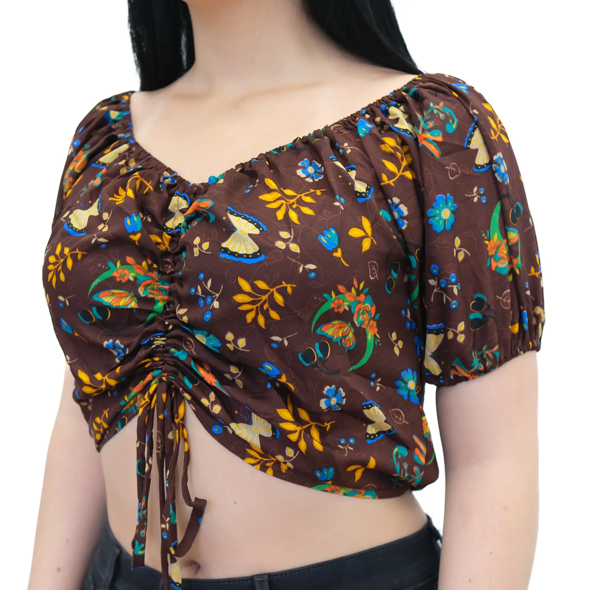 Boho Whimsical Butterfly Print Top, Puff Sleeve Crop Top, Fairy Core Ruched Tassel Summer Blouse