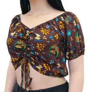 Boho Whimsical Butterfly Print Top, Puff Sleeve Crop Top, Fairy Core Ruched Tassel Summer Blouse