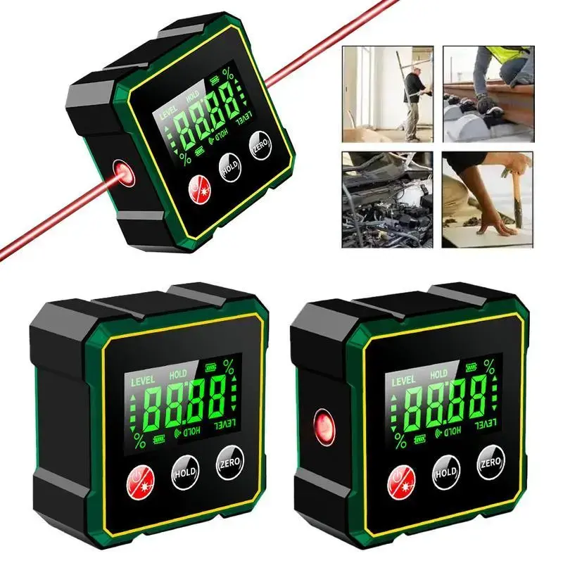 Portable Digital Angle Finder with Electronic Laser - 4-Sided Strong Magnetic Angle Gauge, Backlit Cube Inclinometer, Table Saws Miter Protractor, Laser Projector Measuring & Level Tool for Construction Workers, DIY Projects