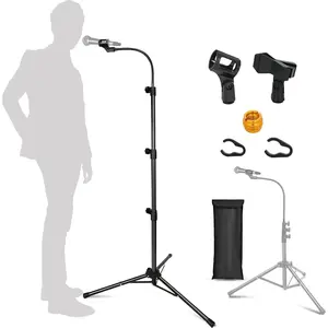 Mic Stand, Boom Microphone Stands Tripod Gooseneck Microphone Stand Height Adjustable from 24" to 67" with 2 Mic Clips for Singing Stage Performance Party Mic Mount