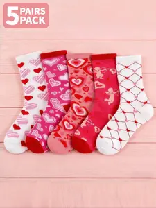 5 Pairs of Heart-Patterned Socks Pink & Red Color-Blocked Heart Designs Cupid Motifs Cotton Knit Soft and Skin-Friendly Romantic Vibes Date Night Outfits Valentine's Day Attire