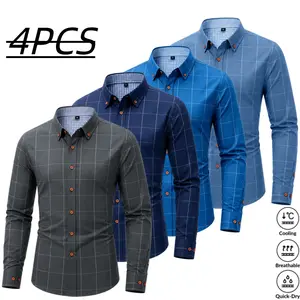 Men’s long-sleeve shirt with four plaid color-block panels, business-casual style. Button-down notched collar design for a sharp look, red buttons add refined details, blue-and-white plaid interior provides visual depth. Long-sleeve fit suitable for multi