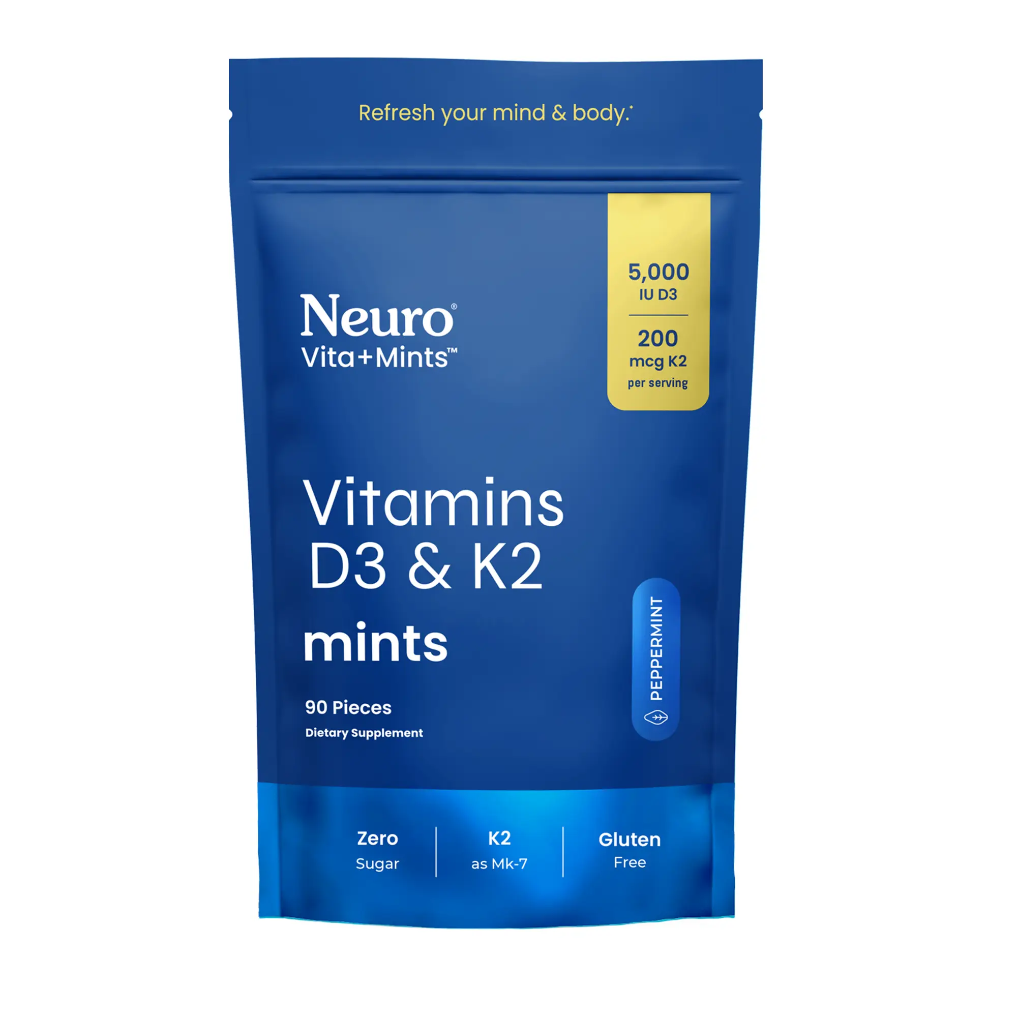 Neuro Mints Vitamin D3+K2 for Bone, Immune & Mood Support - 5,000 IU Vitamin D3 & 200mcg K2 - Sugar-Free, Aspartame-Free, Gluten-Free - Peppermint Fla