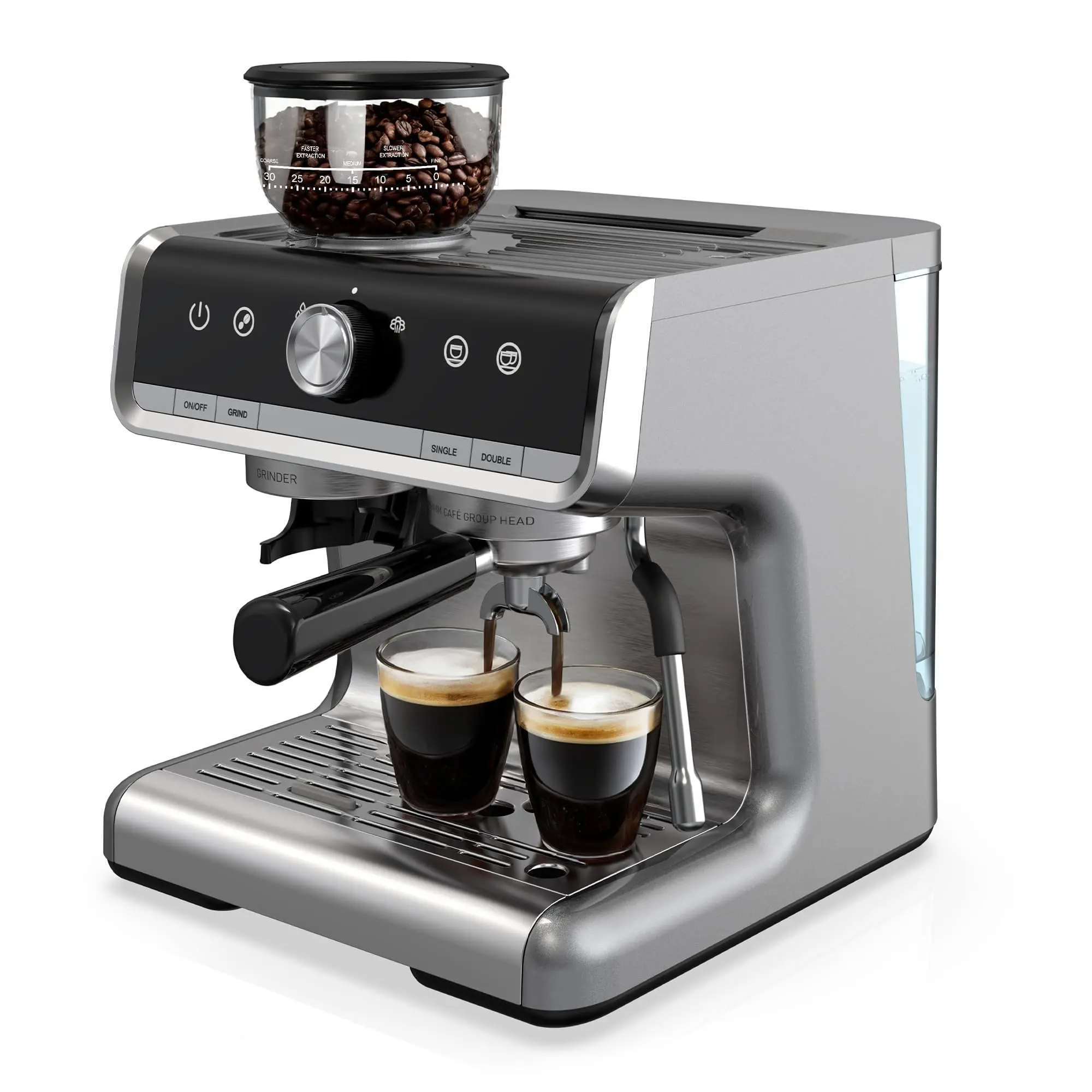 Espresso Machine with Grinder, 20 Bar Semi-Automatic Coffee Maker with Milk Frother Steam Wand, PID Temperature Control, 95 OZ Water Tank, for Cappuccino, Latte, Macchiato, Home Barista, Light Gray, Pressure, 95Oz