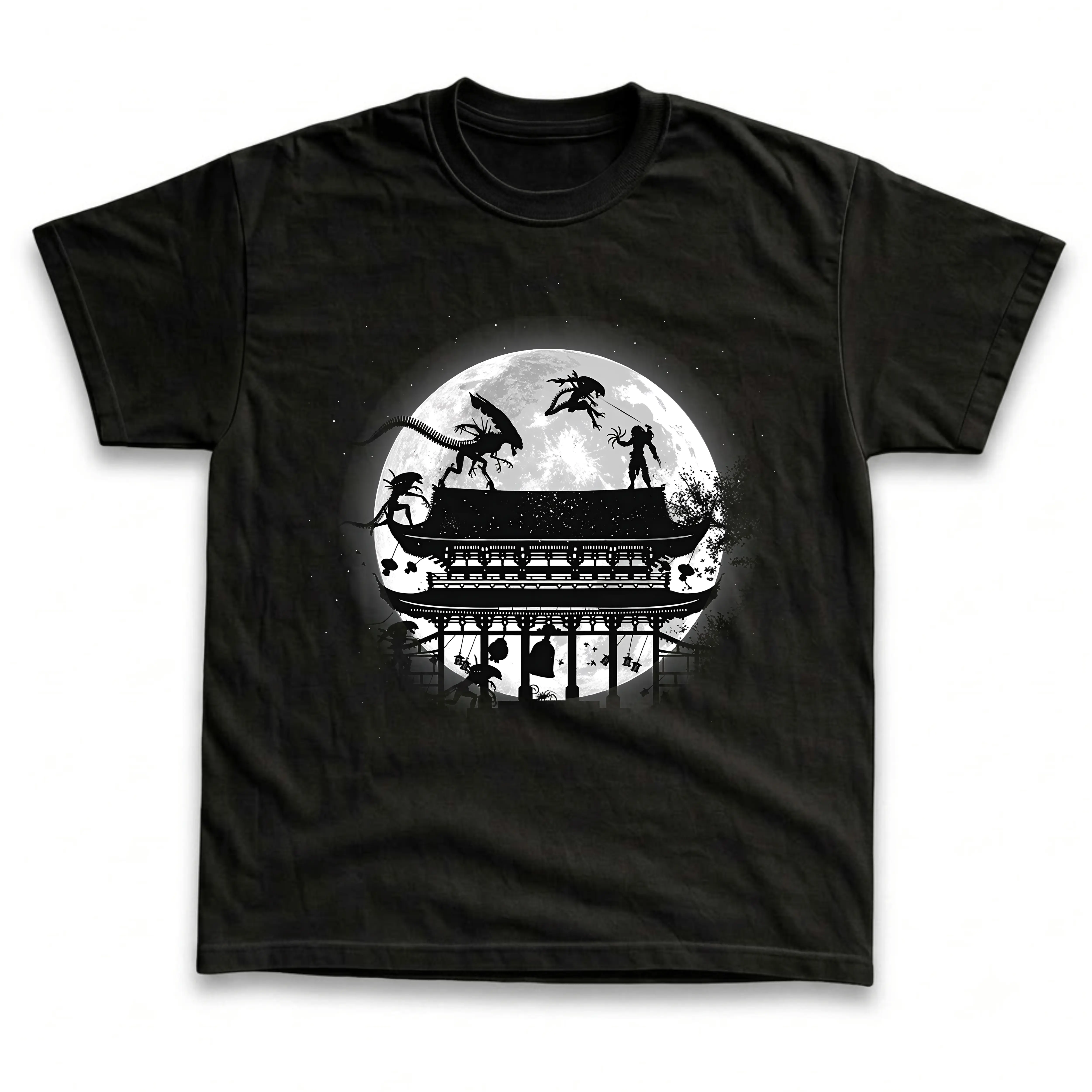 Men's and Women's T-Shirt, Vintage Alien vs Predator Graphic Tee, Xenomorph Predator Battle, Japanese Pagoda Temple Roof, Giant Full Moon Silhouette Art, Sci-Fi Horror Movie Merch, Spooky Halloween Outfit, Retro Grunge Streetwear, Fan Gift