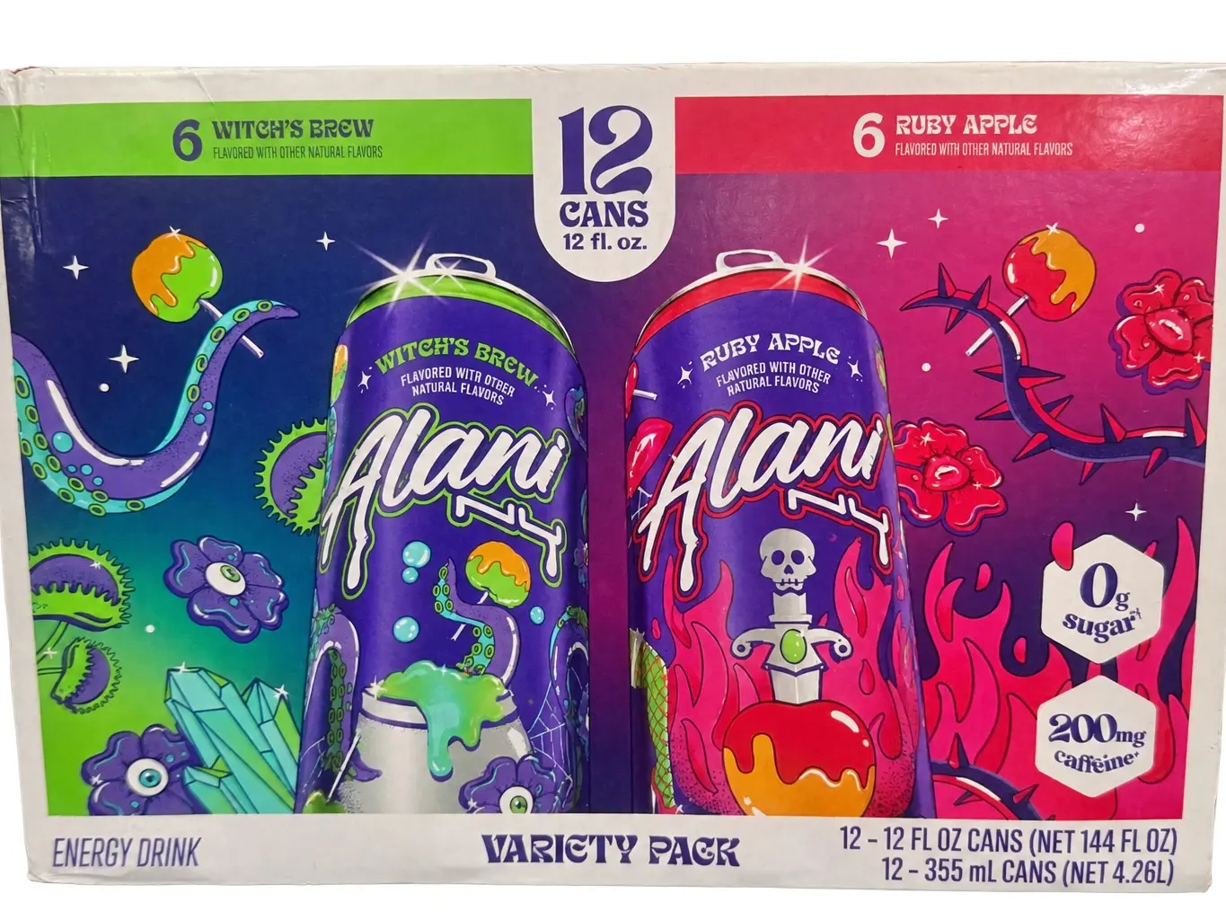 Alani Nu Potion, Cans 12-Pack, 12 fl oz Each Witches Brew and Ruby Red Apple