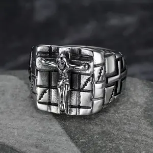 Vintage Jesus Pattern Ring, Gothic Stainless Steel Cross Pattern, Hip-hop Punk Style, Party, Fashionable Matching