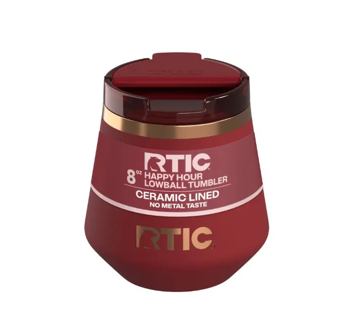 RTIC 8 oz Ceramic Lined Insulated Happy Hour Lowball Tumbler, Leak Resistant Lid, Soft-Touch Exterior, Black Cherry