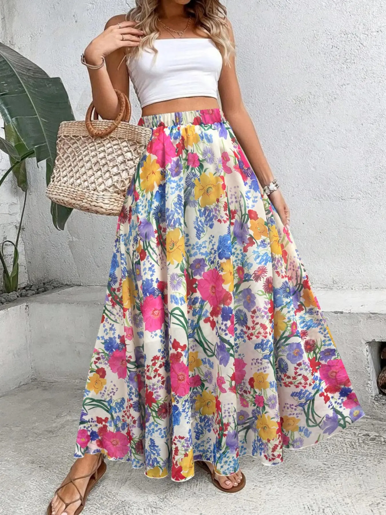 Women's Floral Print A Line Elastic Skirt, Boho Fashion Chic Elegance Vibe Casual Long Skirt for Daily Holiday Vacation Wear Boho Beach Skirt, Ladies Womenswear Bottoms for All Seasons Bohemian